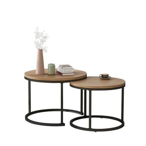 Tables Gigognes Rondes Lot De 2, Design Moderne, Plateau Mdf Résistant, Pieds Métal, Naturel