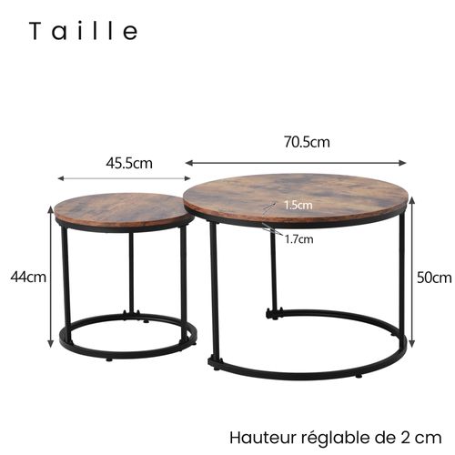 Tables Gigognes Rondes Lot De 2, Design Moderne, Plateau Mdf Résistant, Pieds Métal, Brun