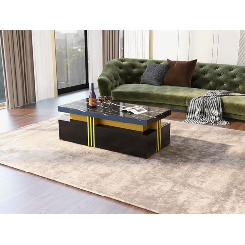 Tables Basses - Table Basse Moderne Avec 2 Tiroirs Pour Salon, Plateau En Bois Noir - Noir