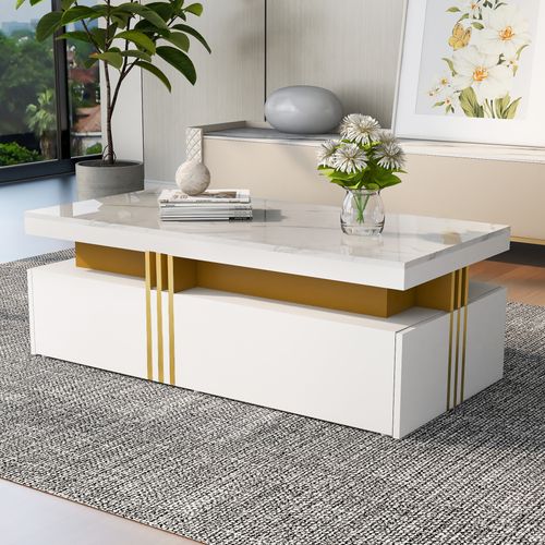 Tables Basses - Table Basse Moderne Avec 2 Tiroirs Pour Salon, Plateau En Bois 100×50×40 cm - Blanc