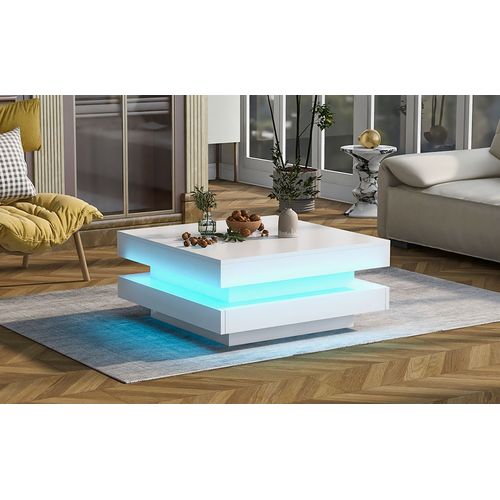 Table Basse Carrée LED 16 S, Plateau Et Côtés Lumineux, Panneaux Particules, Blanc