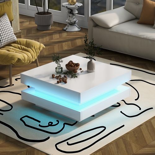Table Basse Carrée Moderne, Plateau Pivotant, LED 16 S, Panneaux Particules, Blanc