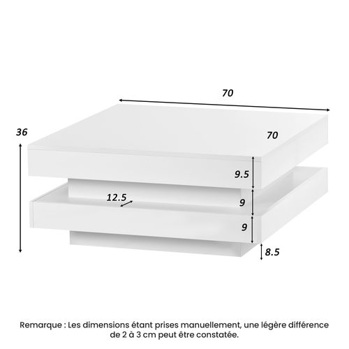 Table Basse Carrée Moderne, Plateau Pivotant, LED 16 S, Panneaux Particules, Blanc
