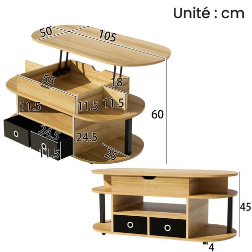 Table Basse Relevable 2 Tiroirs Tissu, Espace Rangement, Bois/noir