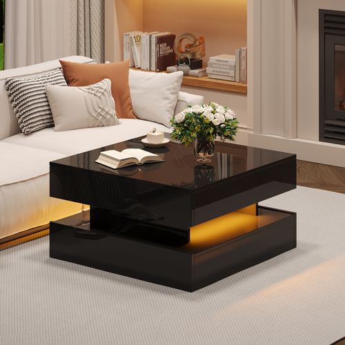 Table Basse Relevable Avec LED Et Rangement Caché, 2 Tiroirs Fonctionnels - Spanplatte Noir