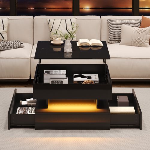 Table Basse Relevable Avec LED Et Rangement Caché, 2 Tiroirs Fonctionnels - Spanplatte Noir