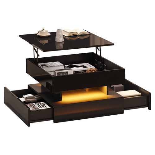 Table Basse Relevable Avec LED Et Rangement Caché, 2 Tiroirs Fonctionnels - Spanplatte Noir