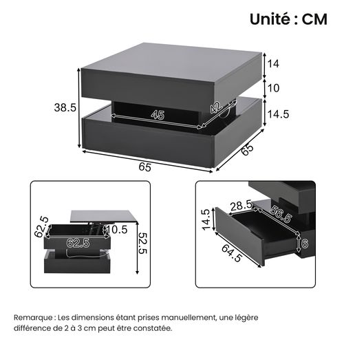 Table Basse Relevable Avec LED Et Rangement Caché, 2 Tiroirs Fonctionnels - Spanplatte Noir