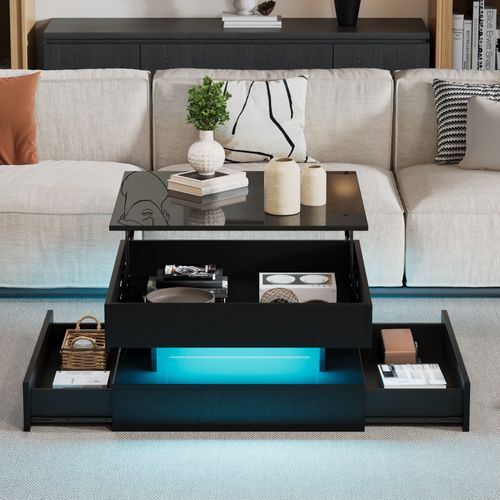 Table Basse Relevable Avec LED Et Rangement Caché, 2 Tiroirs Fonctionnels - Spanplatte Noir