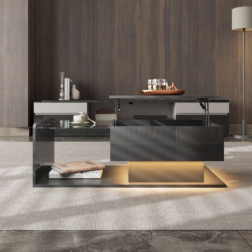 Table Basse - Table D’appoint Multifonction, Plateau Verre, Rangement Et LED, Pb/spanplatte, Noir