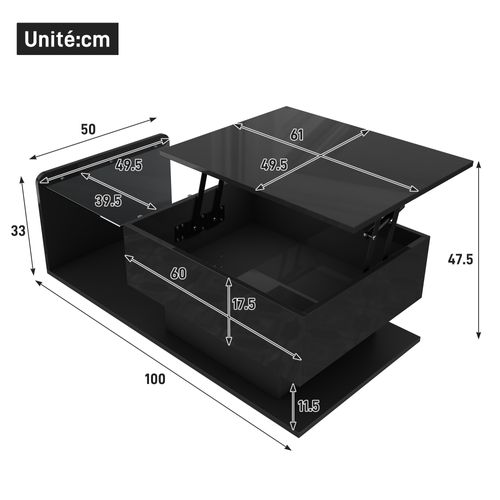 Table Basse - Table D’appoint Multifonction, Plateau Verre, Rangement Et LED, Pb/spanplatte, Noir
