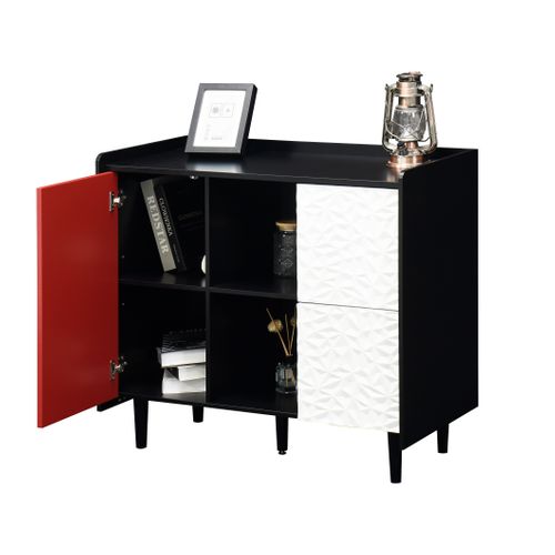 Buffet Cuisine Moderne 2 Tiroirs, 2 Niches Ouvertes, Portes Rouges, Mdf, Noir/rouge