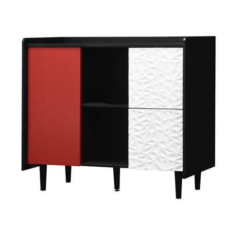 Buffet Cuisine Moderne 2 Tiroirs, 2 Niches Ouvertes, Portes Rouges, Mdf, Noir/rouge