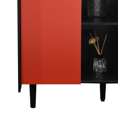 Buffet Cuisine Moderne 2 Tiroirs, 2 Niches Ouvertes, Portes Rouges, Mdf, Noir/rouge