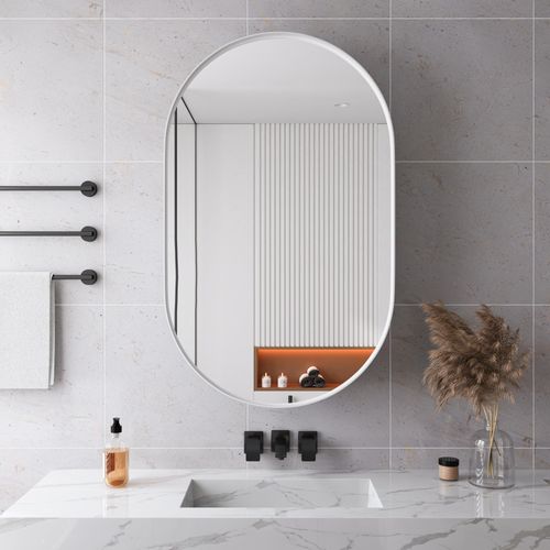 Armoire Miroir Ovale Avec Meuble De Rangement Mural Pour Salle De Bain, Salon Ou Chambre Blanc