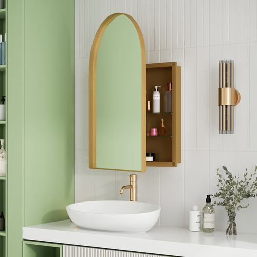 Armoire Miroir Arc Avec Meuble De Rangement Mural Pour Salle De Bain, Salon Ou Chambre Doré