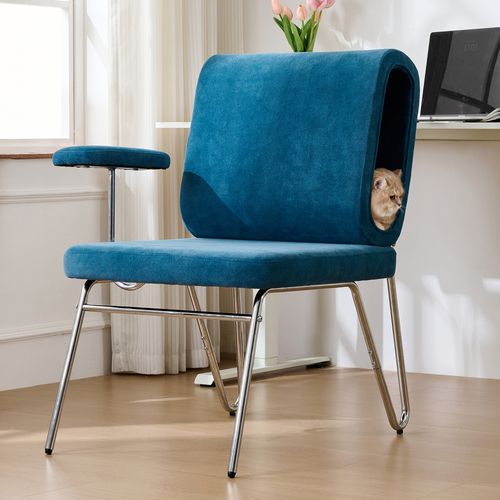 Chaise De Bureau Pivotante 360° Avec Niche Pour Chat, Accoudoirs Réglables, Métal Et Mdf – Bleu