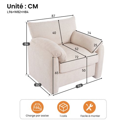 Fauteuil 1 Place Moderne, Mousse Haute Résilience, Cadre Bois Et Métal – Chenille Beige