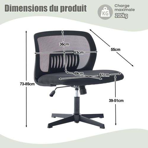 Chaise Bureau Pivotante 360°, Hauteur Réglable, Basculante, Assise Rembourrée Mesh - Noir
