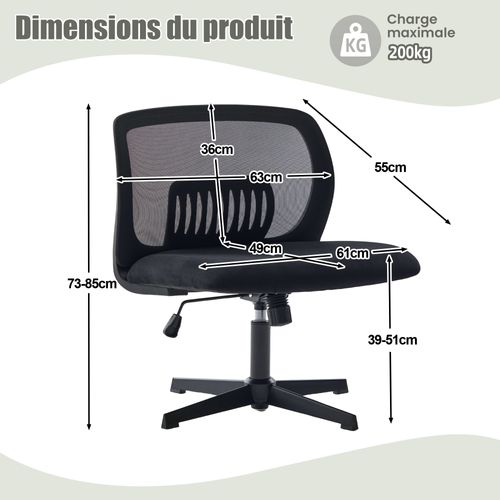 Chaise Bureau Ergonomique Sans Accoudoirs, Hauteur Réglable, Basculante, Siège Velours - Noir