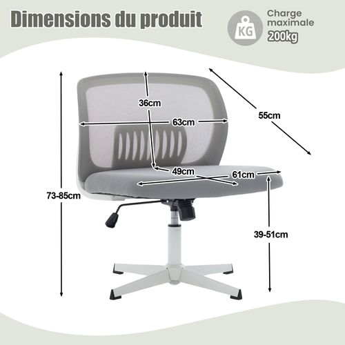 Chaise Bureau Pivotante 360°, Hauteur Réglable, Bascule, Assise Rembourrée Mesh - Gris