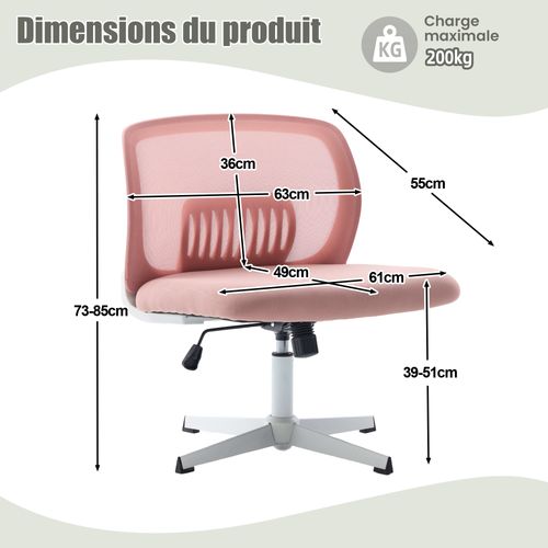 Chaise Bureau Pivotante 360°, Hauteur Réglable, Bascule, Assise Rembourrée Mesh - Rose