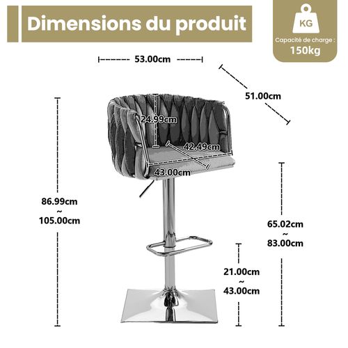 Chaises Bar Lot 2, Hautes Réglables, Dossier Et Repose-pieds, Assise Velours - Noir