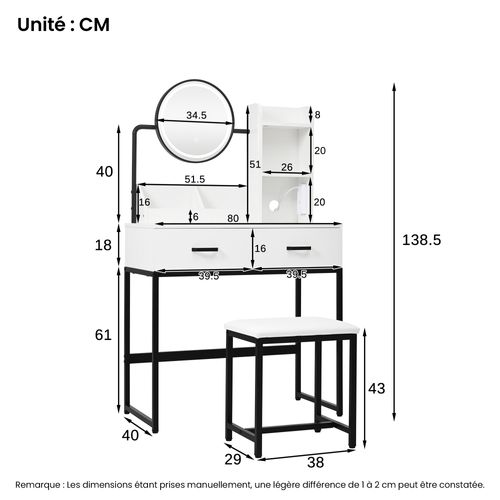 Coiffeuse Table Maquillage LED, Miroir Pivotant, 2 Tiroirs Et 2 Étagères, 80x40x138,5 Cm-blanc/noir
