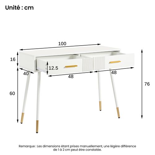 Coiffeuse - Bureau Et Coiffeuse Avec 2 Tiroirs Et Pieds En Métal, Mdf - 100x40x76 Cm, Blanc