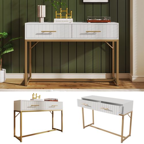 Coiffeuse 2 Tiroirs, Pieds Métal, Design Moderne Panneau De Particules - Blanc