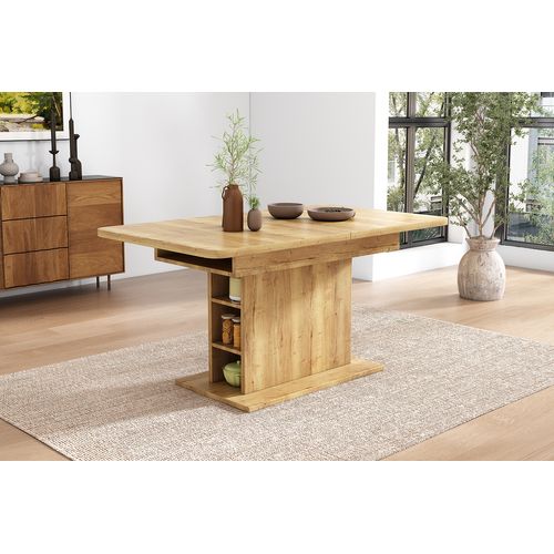 Table à Manger Extensible, Rectangulaire, Rangement, Bois/métal, Design Moderne, Naturel