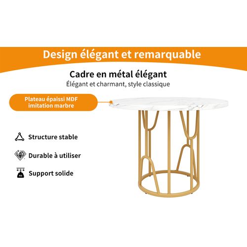 Table à Manger Ronde, Effet Marbre Blanc, Pieds Dorés, Mdf/métal, 4 à 6 Personnes