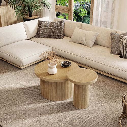 Table Basse Ronde Double, Tables Empilables Scandinaves, Mdf Solide, Bois Naturel