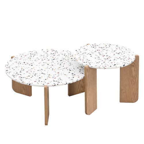Ensemble 2 Tables Basses Gigognes Rondes, Design Moderne, Mdf, Blanc/bois