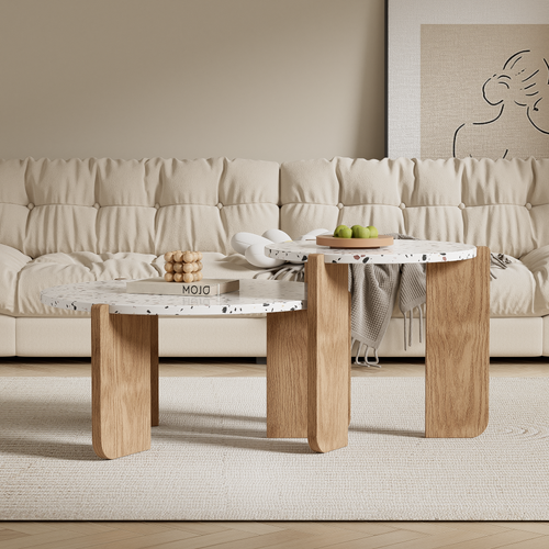Ensemble 2 Tables Basses Gigognes Rondes, Design Moderne, Mdf, Blanc/bois