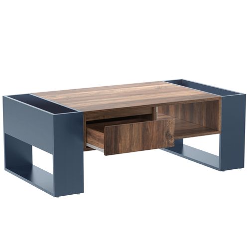 Table Basse Moderne, Bois, Tiroir Sans Poignée, Double Face, Compartiments Ouverts, Noir/bois