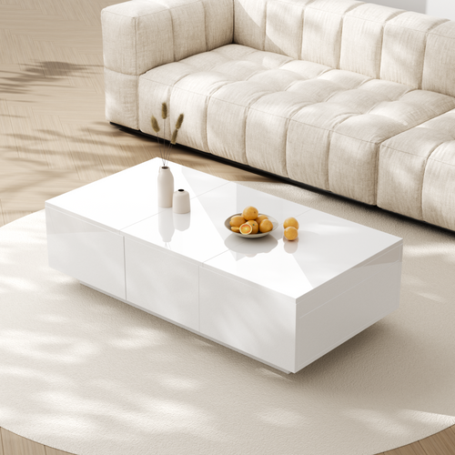 Table Basse Moderne, Design Brillant, Tiroirs, Rangement Intégré, Panneaux Particules, Blanc