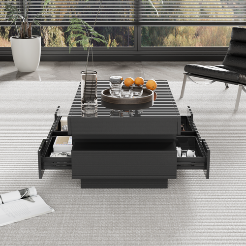 Table Basse Moderne, LED, 4 Tiroirs, Rangement Intégré, Panneaux Particules, Noir