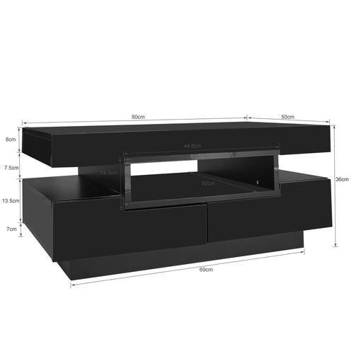 Table Basse Moderne, LED, 4 Tiroirs, Rangement Intégré, Panneaux Particules, Noir