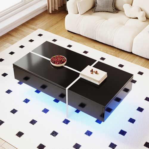 Table Basse Moderne, LED Pilotée Via Appli, 3 Tiroirs, Mdf, Noir
