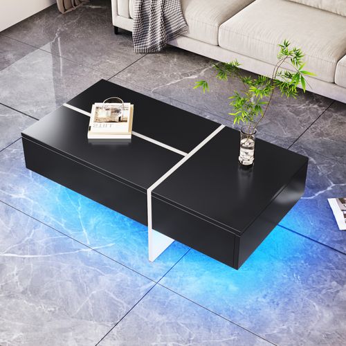 Table Basse Moderne, LED Pilotée Via Appli, 3 Tiroirs, Mdf, Noir