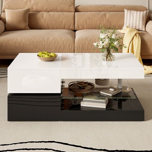 Table Basse Moderne LED Laquée Brillant, Contrôle App Et Bluetooth, Noir/blanc