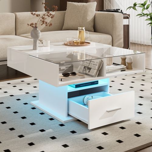 Table Basse Relevable Multifonction, LED Intégrée, Tiroir, Design Gain De Place, Blanc