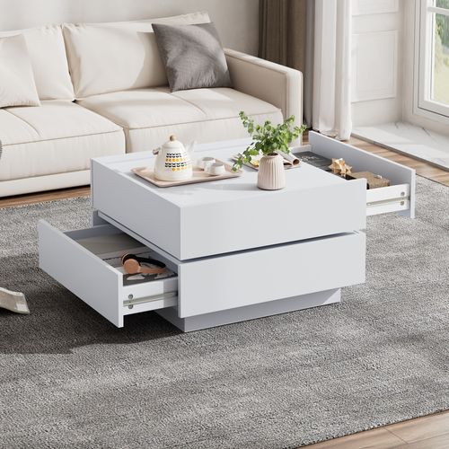 Table Basse Carrée, Table Basse Pivotante 360° Avec Double Plateau Et 2 Tiroirs, Blanc