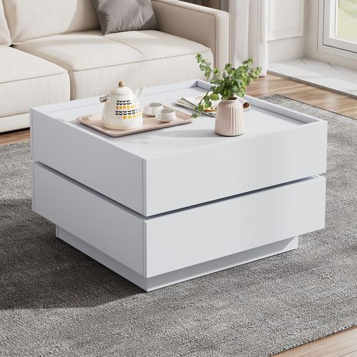 Table Basse Carrée, Table Basse Pivotante 360° Avec Double Plateau Et 2 Tiroirs, Blanc