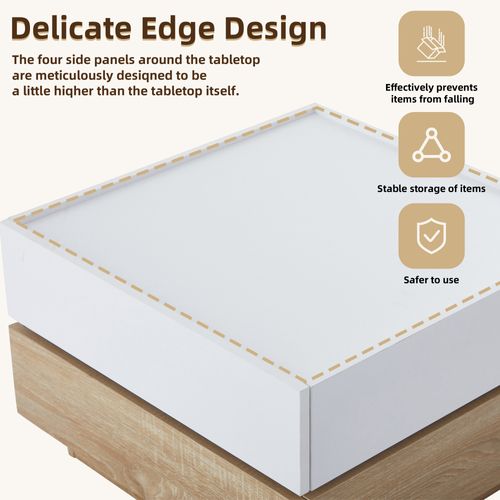 Table Basse Carrée, Table Basse Pivotante 360° Avec Double Plateau Et 2 Tiroirs, Blanc/noyer