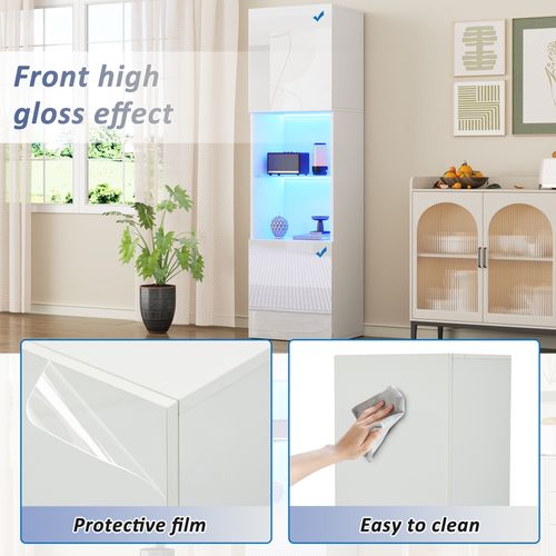 Bibliothèque LED Avec Télécommande, Portes, 1 Étagère Verre, Blanc