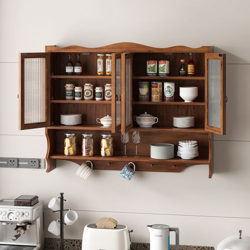 Armoire Murale Vintage, 4 Portes, 2 Niveaux Rangement, Cuisine/salle De Bain, Bois , Brun