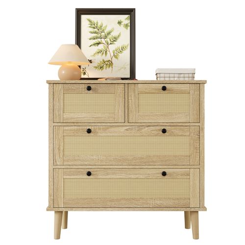 Commode 4 Tiroirs, Façades Rotin, Rangement Pratique, Mdf/pieds Bois Massif, Style Naturel