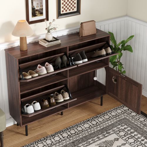 Meuble à Chaussures 3 Abattants, Rangement Gain De Place, Panneaux Particules, Noyer Naturel